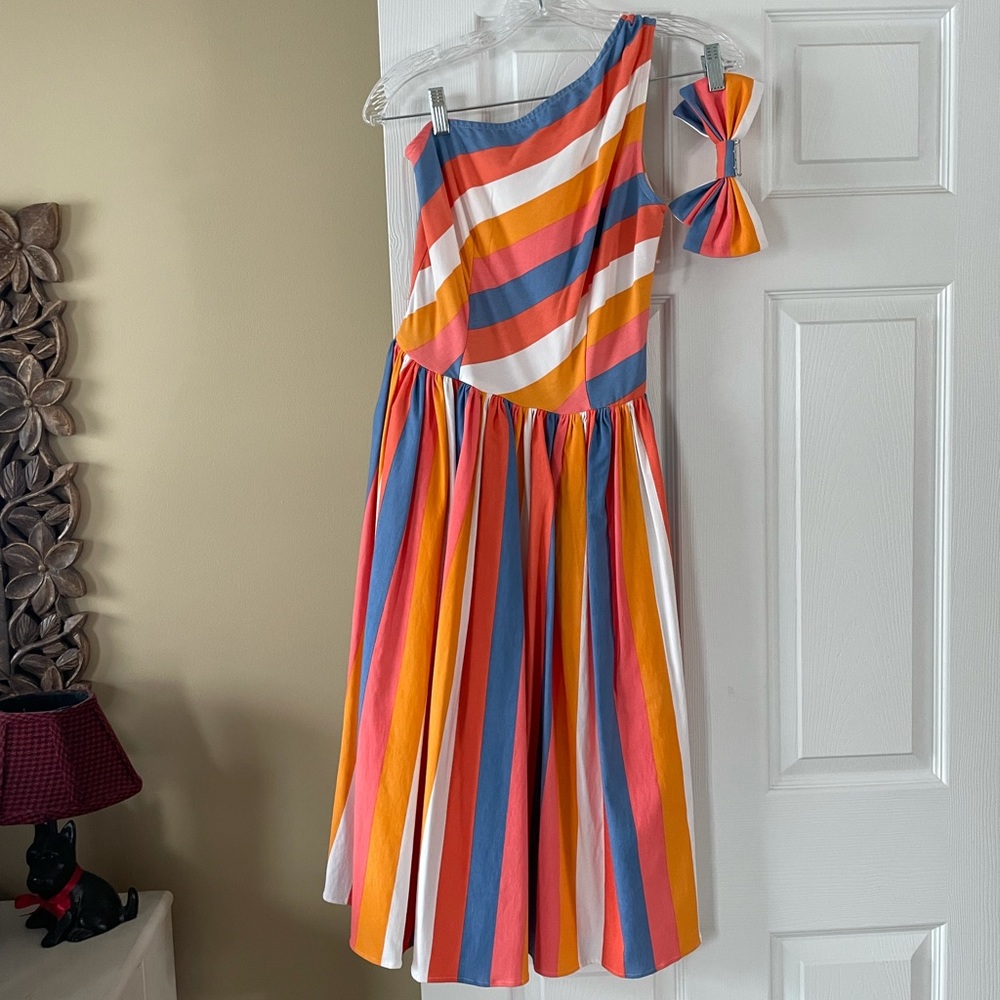 Bettie Page Sorbet Stripe one shoulder dress, M